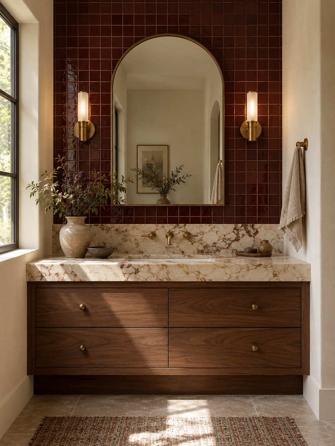 Primary bathroom concept with walnut cabinetry, rich tile and pale stone