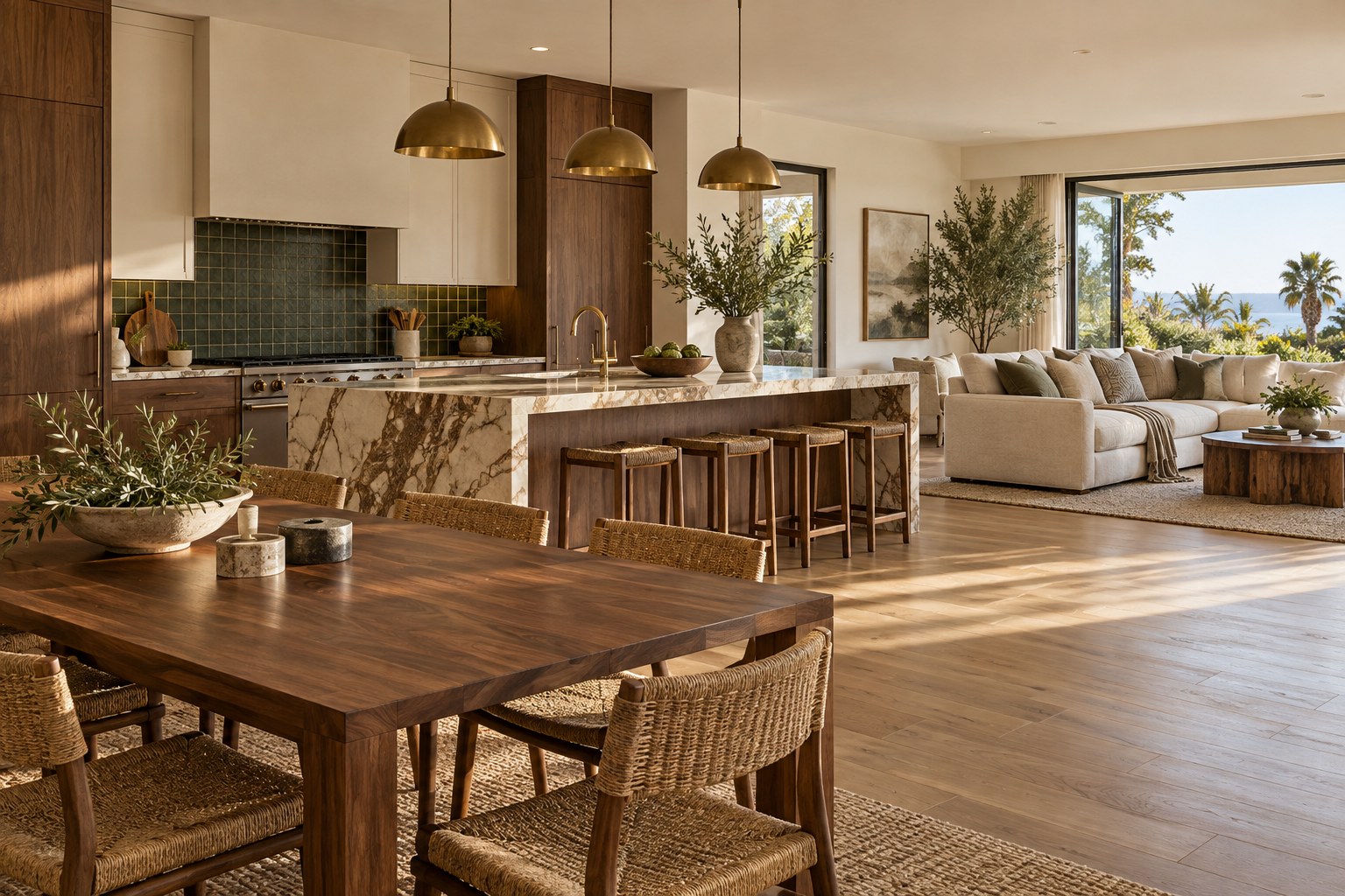 Whole-home design concept connecting kitchen, dining and living areas