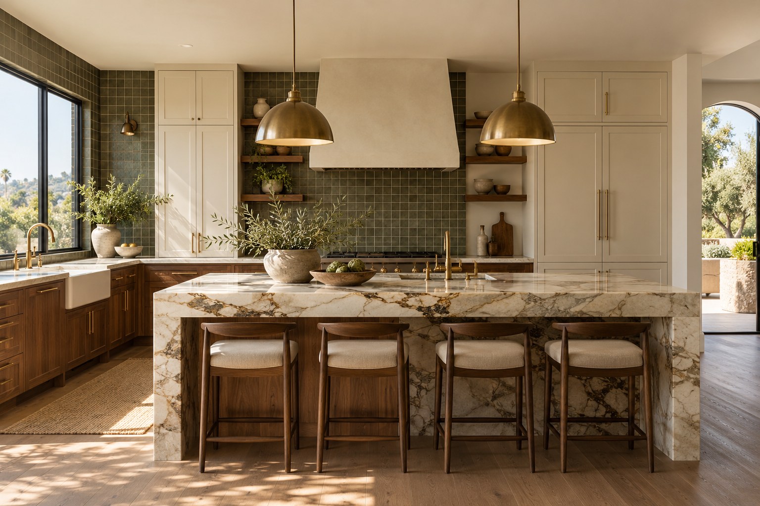 Kitchen design study showing warm cabinetry and stone selections